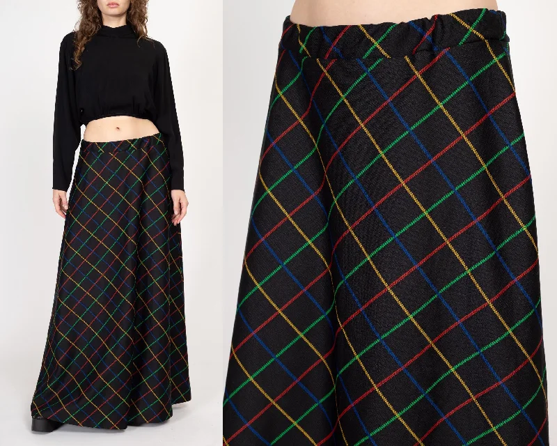 Large 70s Black Primary Color Windowpane Plaid Maxi Skirt