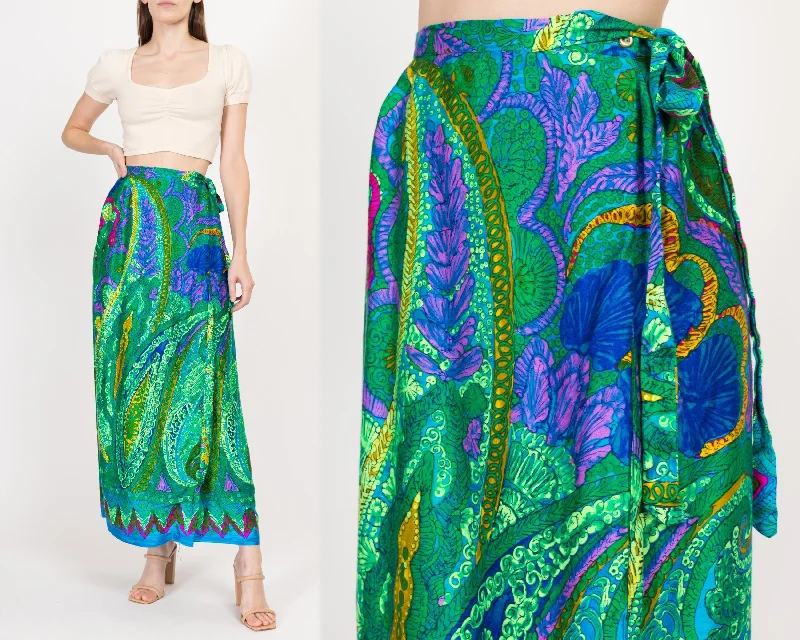 Medium 70s Green Batik Barkcloth Maxi Wrap Skirt