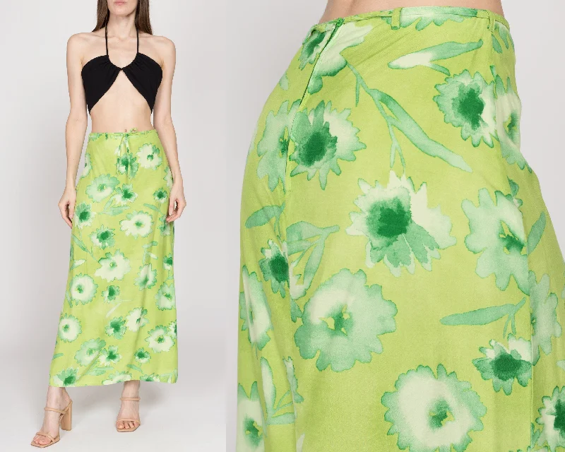 Small 90s Boho Lime Green Floral Rayon Maxi Skirt 26.5"