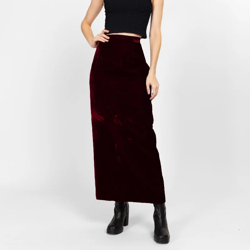 XS 70s Oxblood Red Velvet Maxi Skirt 25"