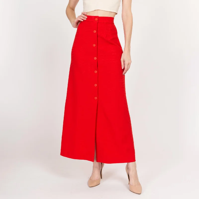 XS 70s Red Button Up Maxi Skirt 24"