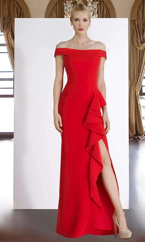 Janique - C1870 Ruffled Off-Shoulder Sheath Dress In Red