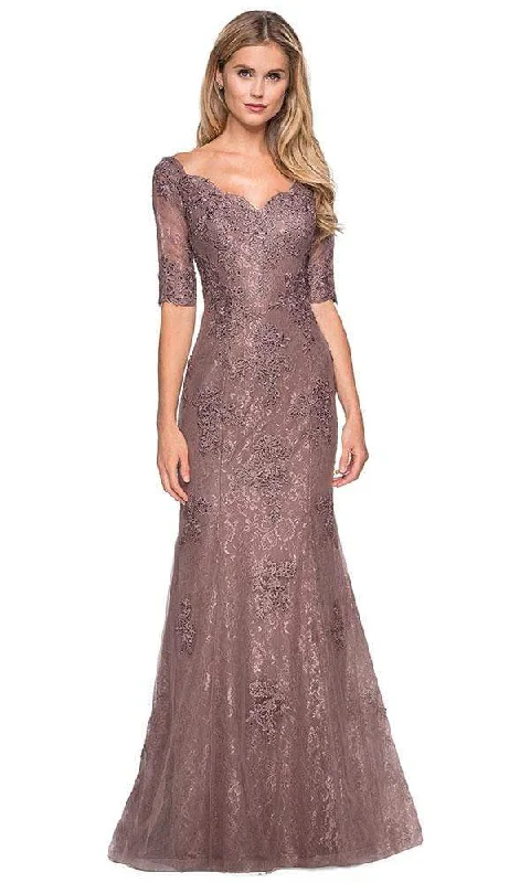 La Femme - 26943SC Bedazzled Scalloped V-neck Trumpet Dress - 1 pc Cocoa in size 6 Available