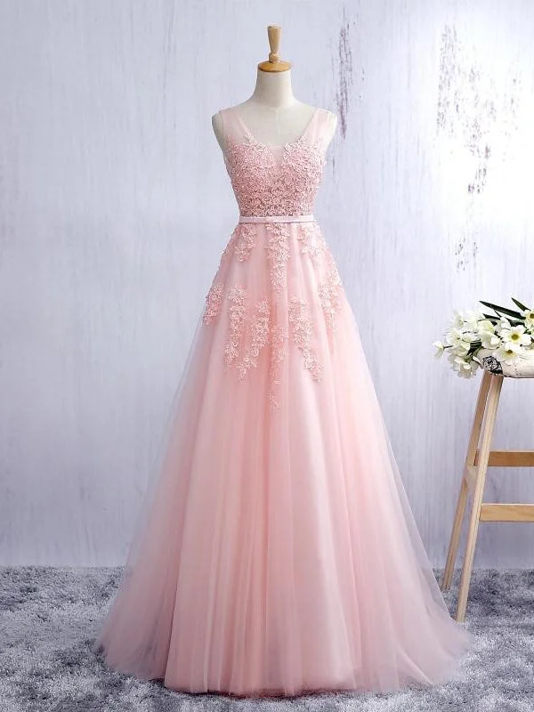 Sexy Prom Dresses Straps A-line Short Train Pearl Pink Tulle Prom Dress/Evening Dress JKL453