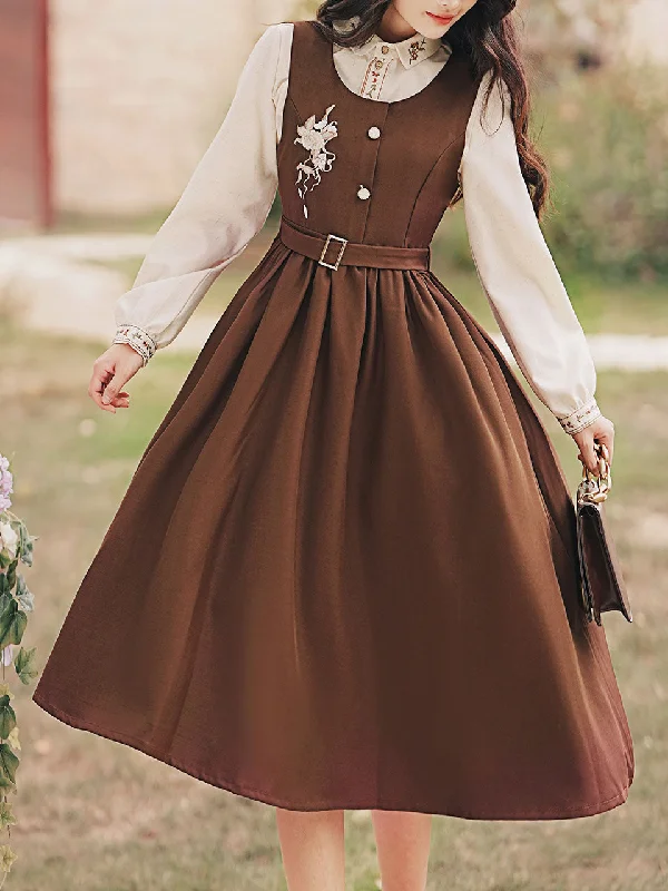 2PS Embroidered Stand Collar Vintage Fall Shirt Set Dress