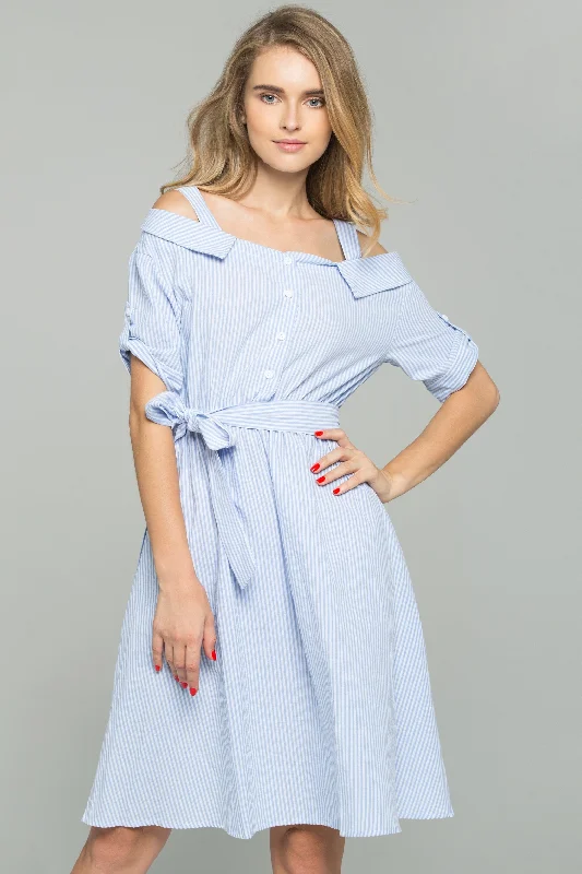 Blue and White Striped Ribbon Strap Cold-Shoulder Collared Shirt Dress High-Waisted Shirt Dress