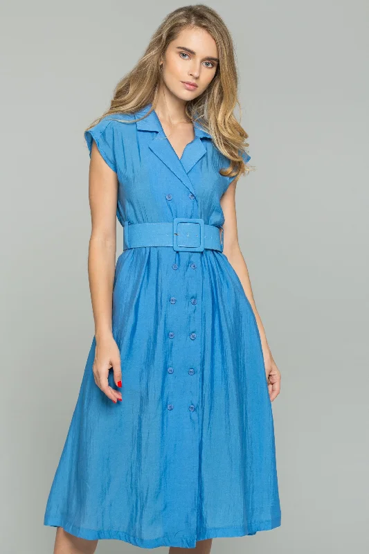 Blue Double Buttoned-Down Belted Shirt Dress Tartan Shirt Gown