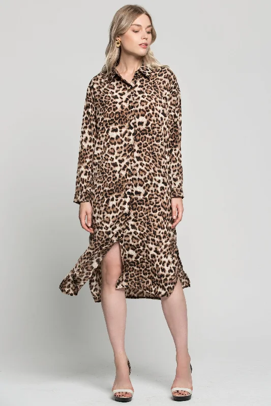 Cheetah Print Oversized Shirt Dress Button Detail Shirt