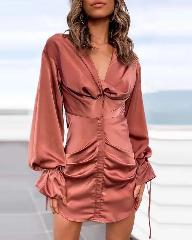 SATIN RUCHED LANTERN SLEEVE SHIRT DRESS Soft Cotton Shirt